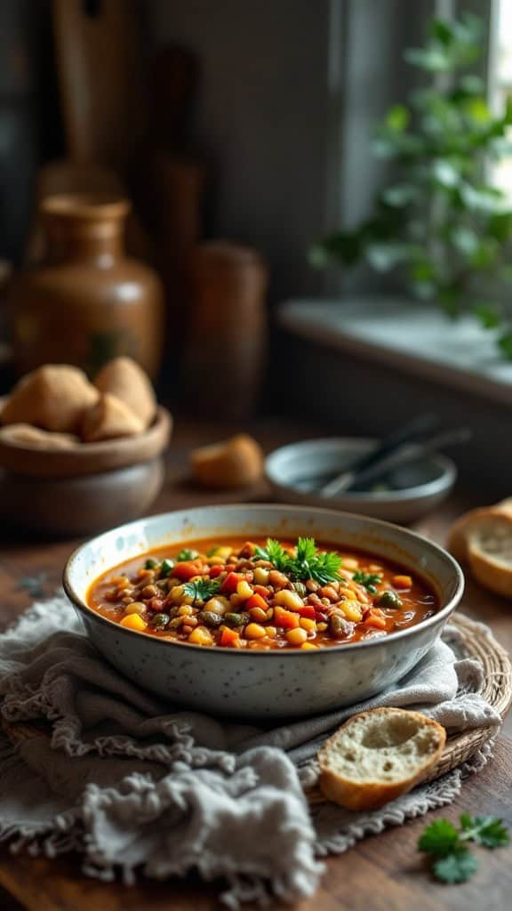 A bowl of spicy lentil and vegetable stew garnished with fresh herbs, surrounded by rustic kitchen elements.