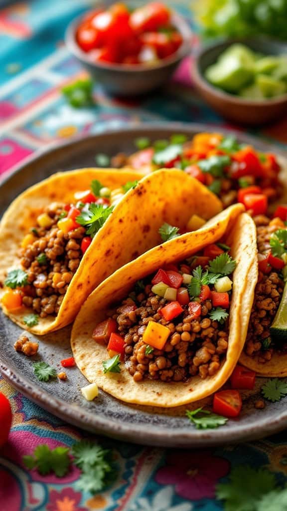 Three spicy lentil and vegetable tacos on a plate, garnished with cilantro and colorful toppings.