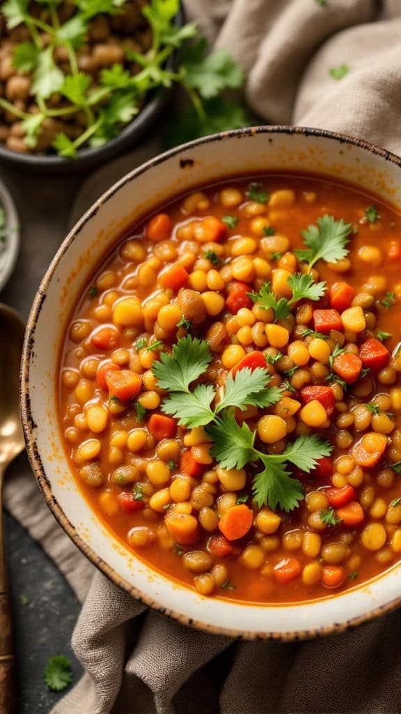 A bowl of spicy lentil soup with carrots, corn, and garnished with fresh cilantro.