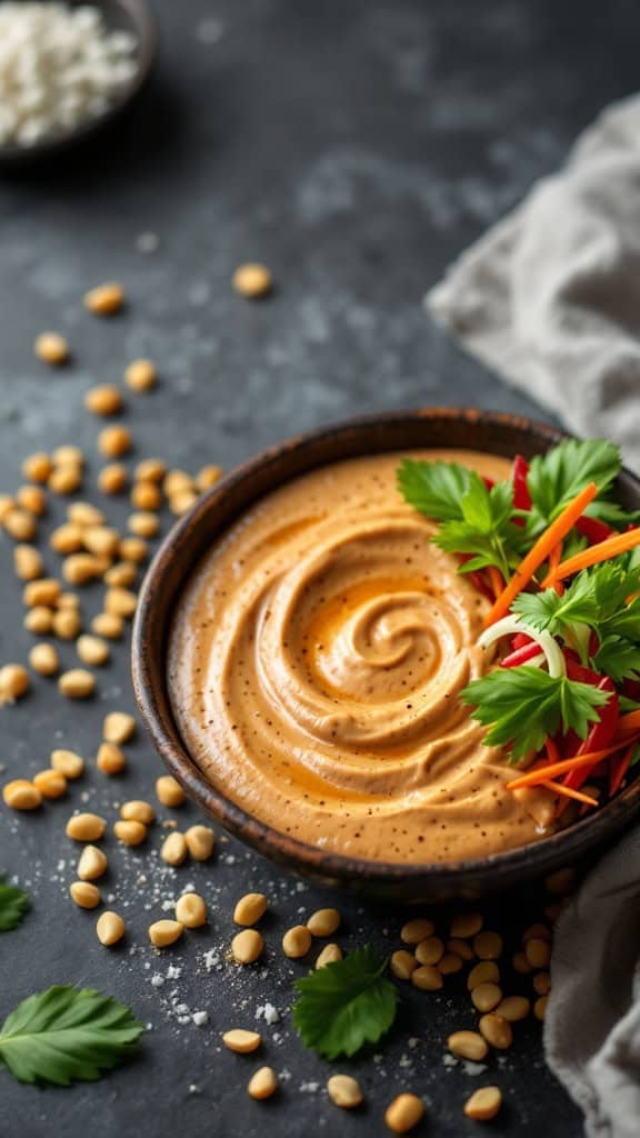 A bowl of creamy spicy peanut dressing garnished with fresh herbs and surrounded by peanuts.