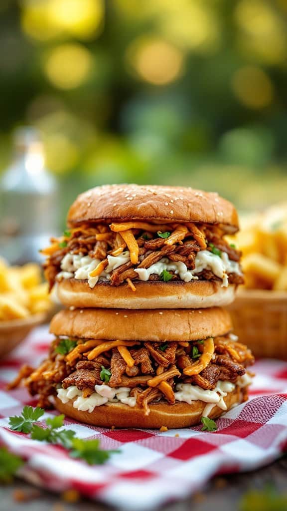 Two stacked spicy pulled pork sandwiches with crispy toppings on a checkered tablecloth.