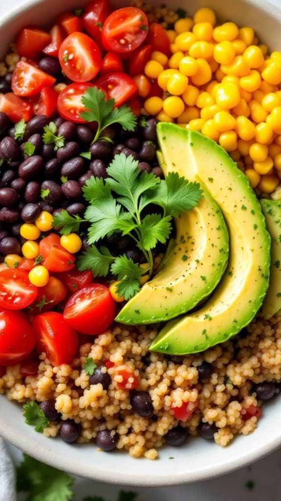 A colorful bowl filled with quinoa, black beans, cherry tomatoes, corn, and avocado slices garnished with cilantro.