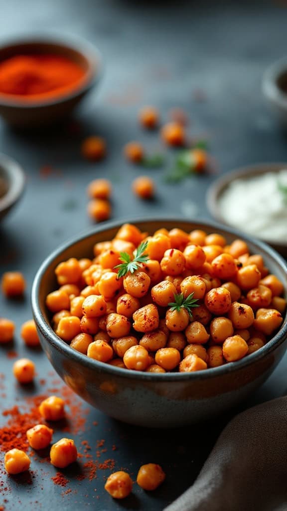 A bowl of spicy roasted chickpeas surrounded by spices.
