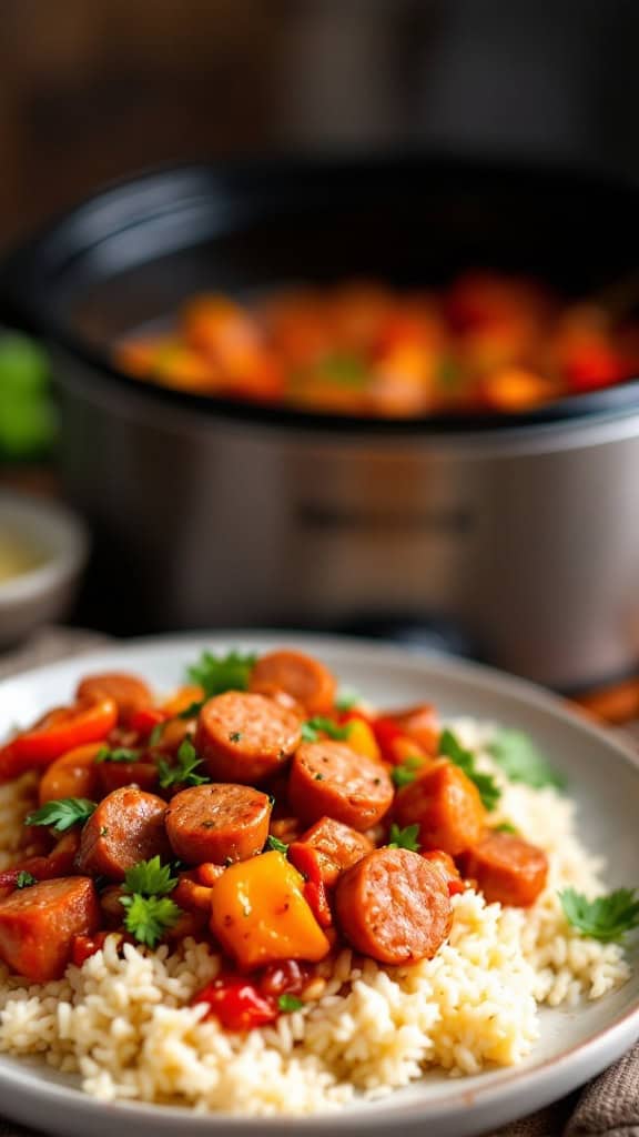 A plate of spicy sausage and peppers served over rice, with colorful bell peppers and garnished with parsley, next to a slow cooker.