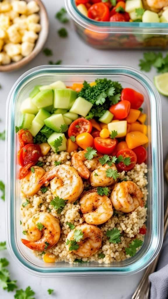 A vibrant spicy shrimp quinoa bowl with colorful vegetables in a glass meal prep container.