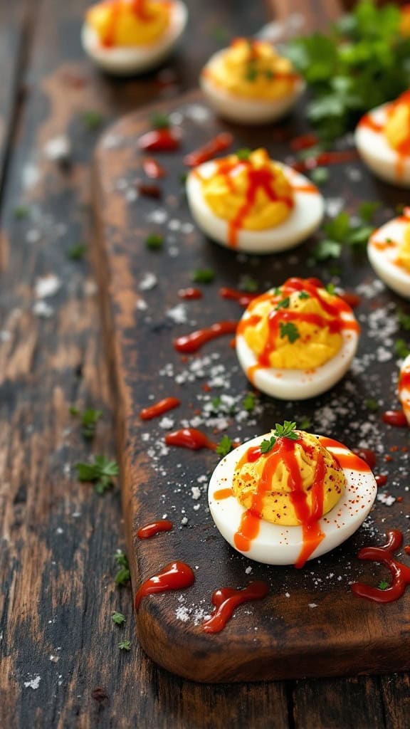 A wooden platter with deviled eggs topped with Sriracha sauce and herbs.