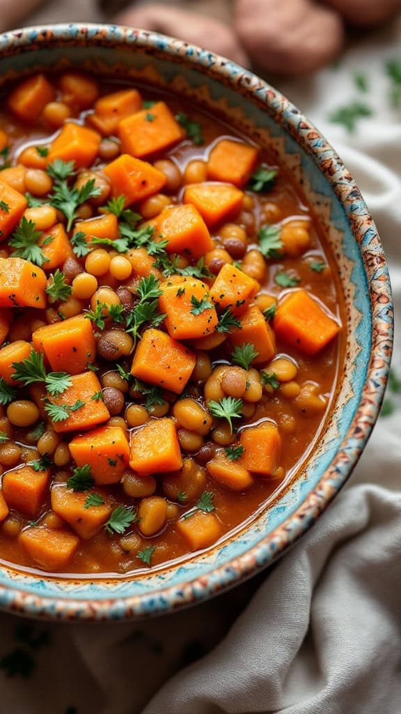 A colorful bowl of spicy sweet potato and lentil stew topped with fresh herbs.