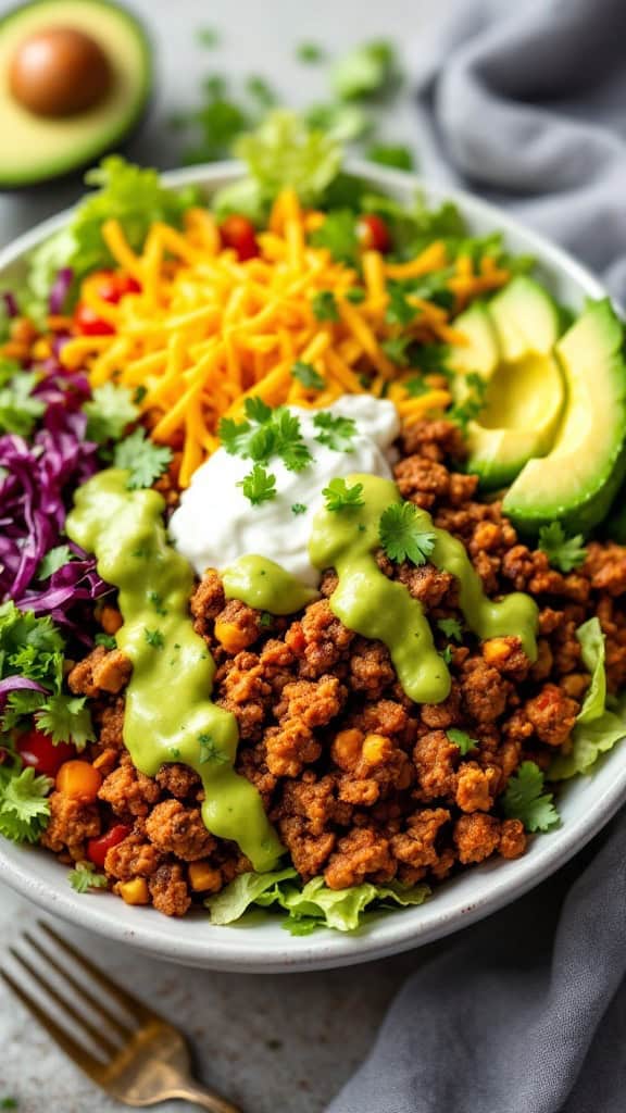 A colorful spicy taco salad in a wooden bowl, topped with avocado dressing and fresh ingredients.
