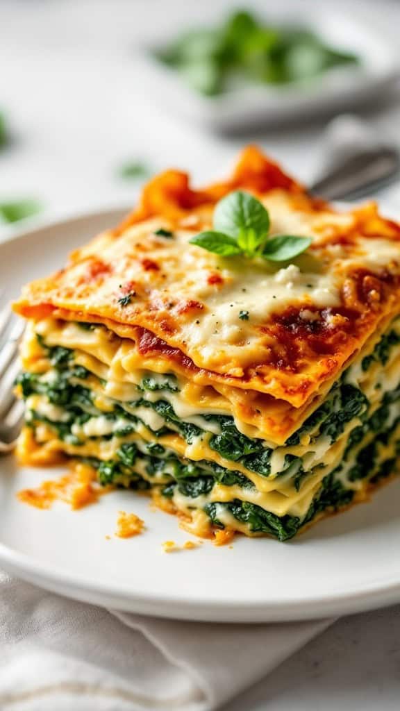 A delicious serving of spinach and feta matzah lasagna with layers of spinach and cheese.