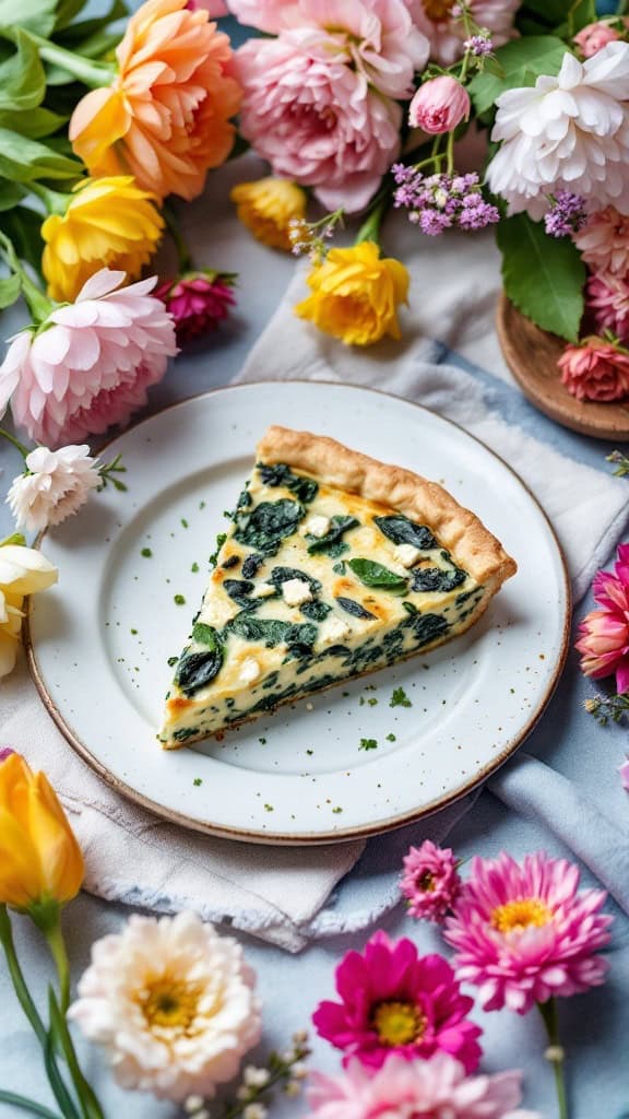 A slice of spinach and feta quiche surrounded by colorful flowers.
