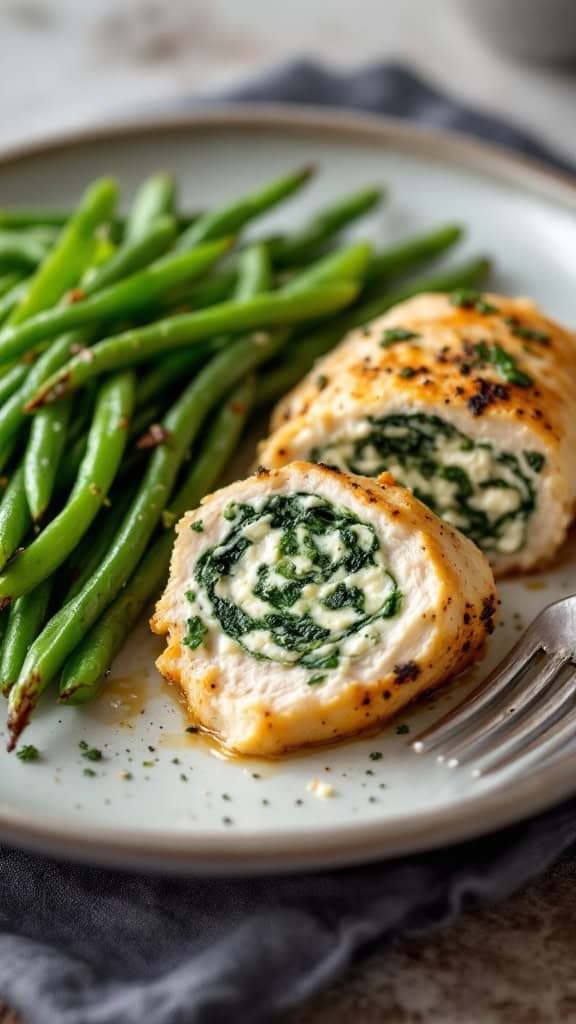 A plate of spinach and feta stuffed chicken breast with green beans on the side.