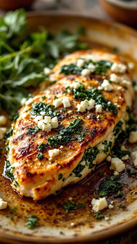 A beautifully cooked spinach and feta stuffed chicken breast garnished with herbs.
