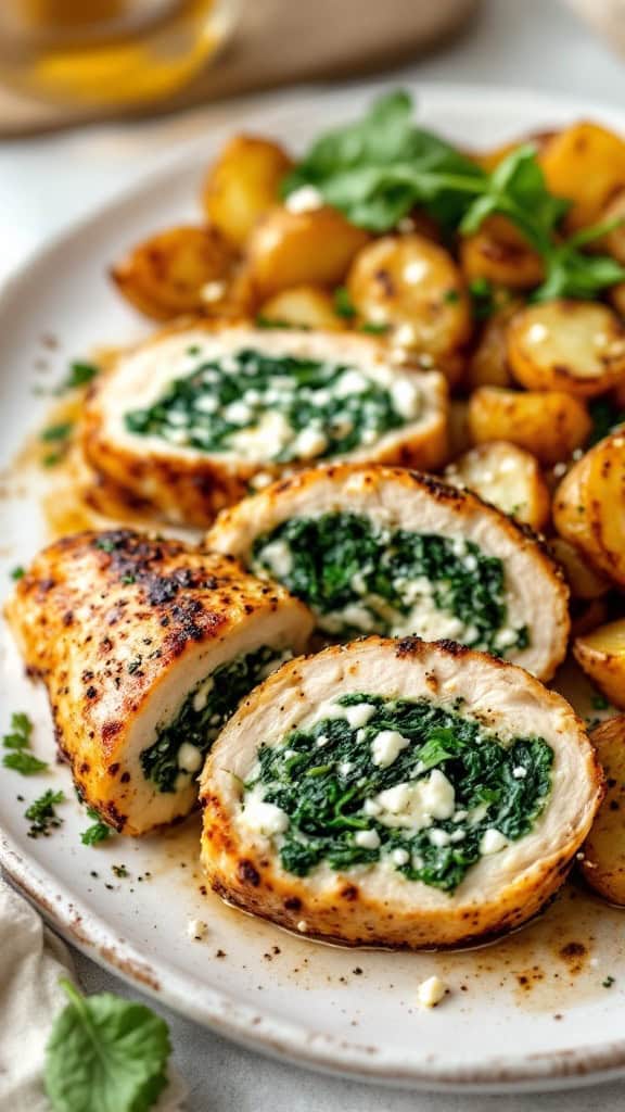 Spinach and feta stuffed chicken breasts on a plate with potatoes.