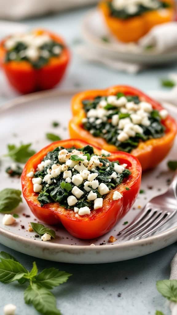 Colorful spinach and feta stuffed peppers on a plate.