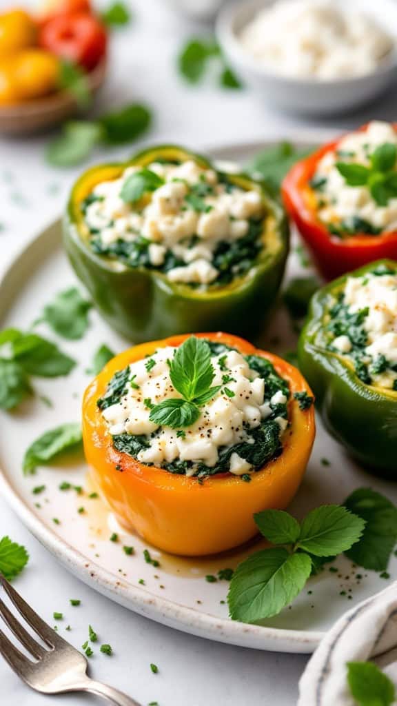 Three colorful stuffed peppers filled with spinach and feta on a plate