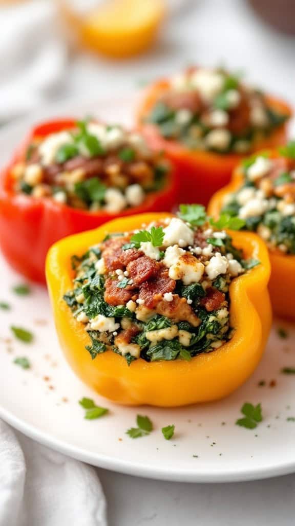 Colorful stuffed peppers filled with spinach and feta cheese on a plate.