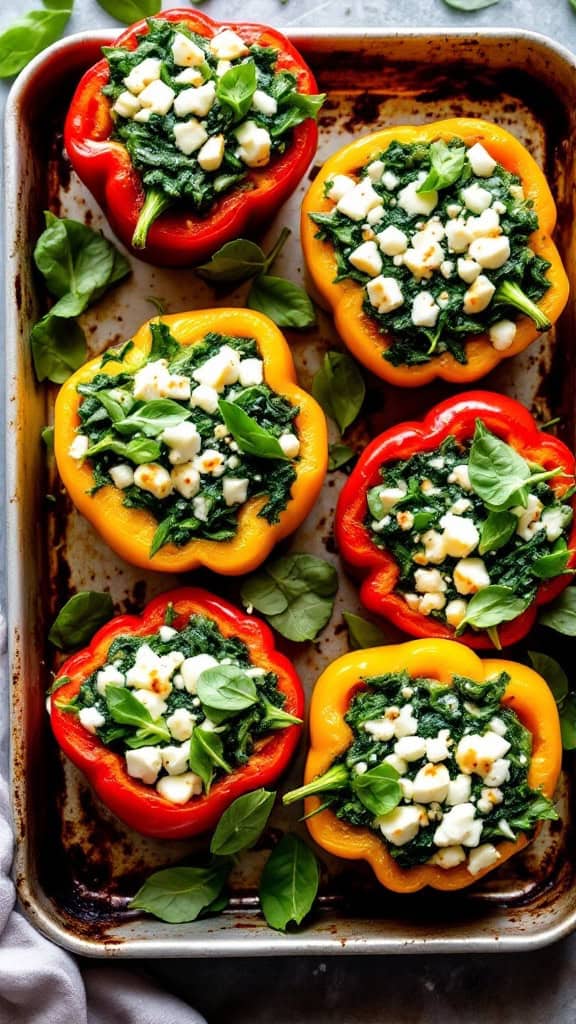 A tray of red and yellow bell peppers stuffed with spinach and feta cheese, garnished with fresh herbs.