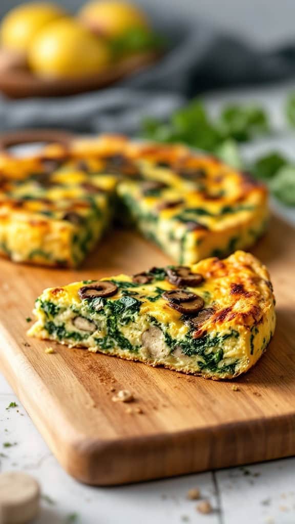 A sliced spinach and mushroom frittata on a wooden cutting board, surrounded by fresh greens and lemon.