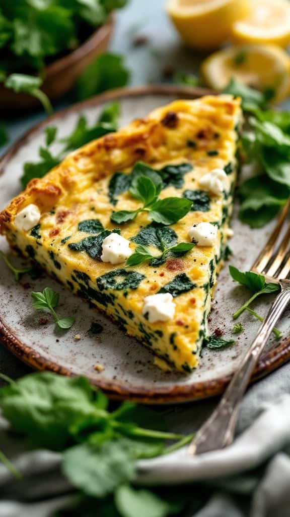 A slice of spring frittata with spinach and goat cheese on a plate, garnished with fresh herbs