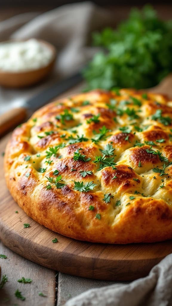 A freshly baked focaccia topped with herbs on a wooden board.
