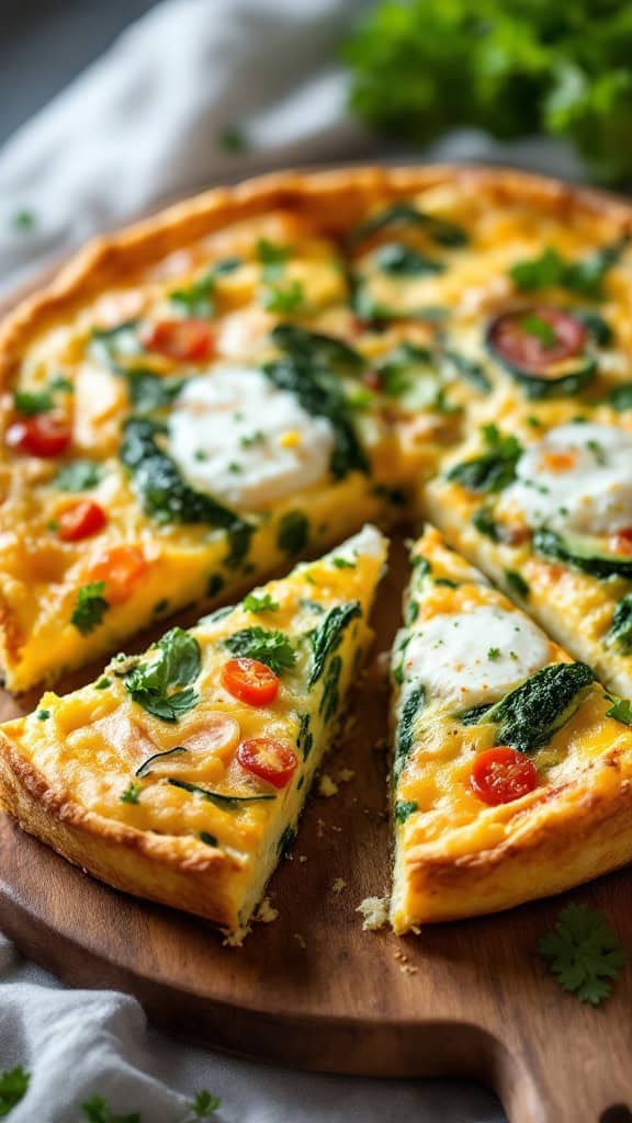 A slice of vegetable frittata showcasing tomatoes, zucchini, and greens on a wooden board.