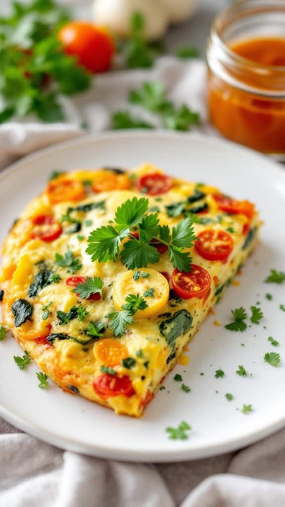 A slice of a spring vegetable frittata topped with fresh herbs on a plate