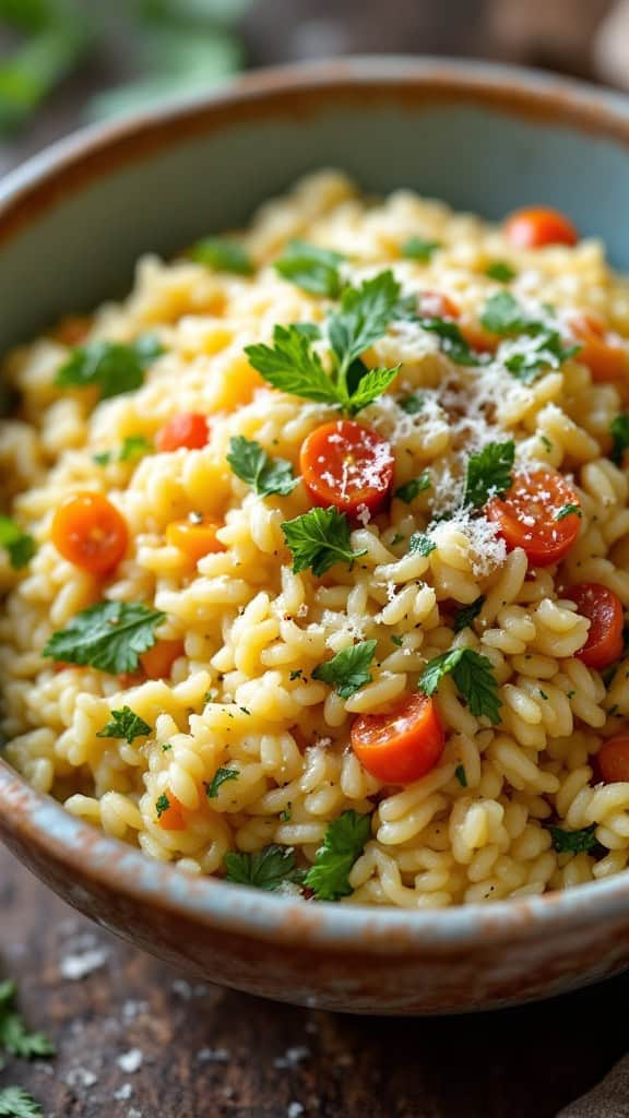A bowl of colorful spring vegetable risotto topped with herbs and cheese.