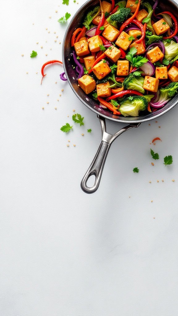 A vibrant spring vegetable stir-fry with tofu in a skillet.