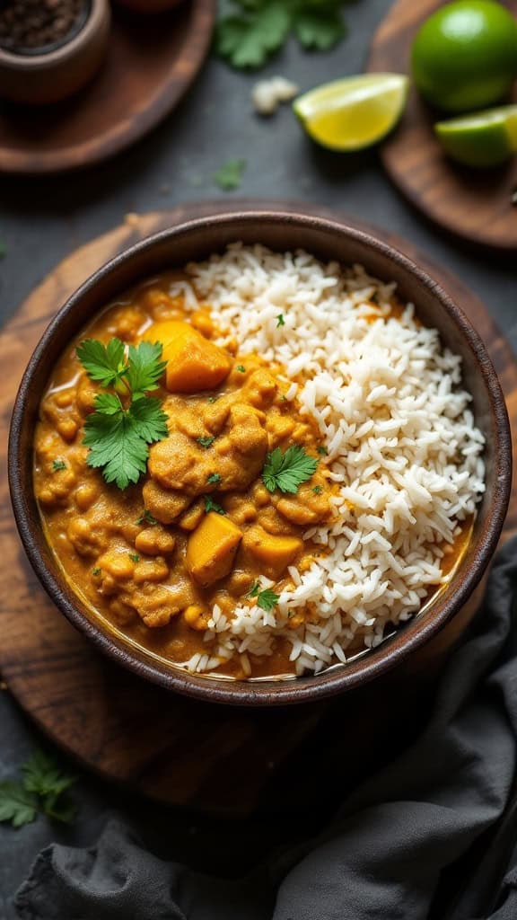 A bowl of Sri Lankan coconut dhal curry with rice and fresh cilantro.