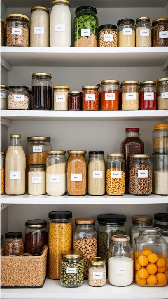 Organized shelves filled with labeled jars of various food items