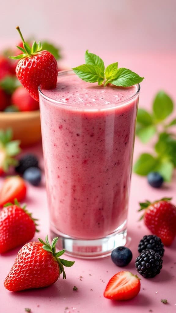 A glass of strawberry-basil smoothie surrounded by fresh strawberries and basil leaves.