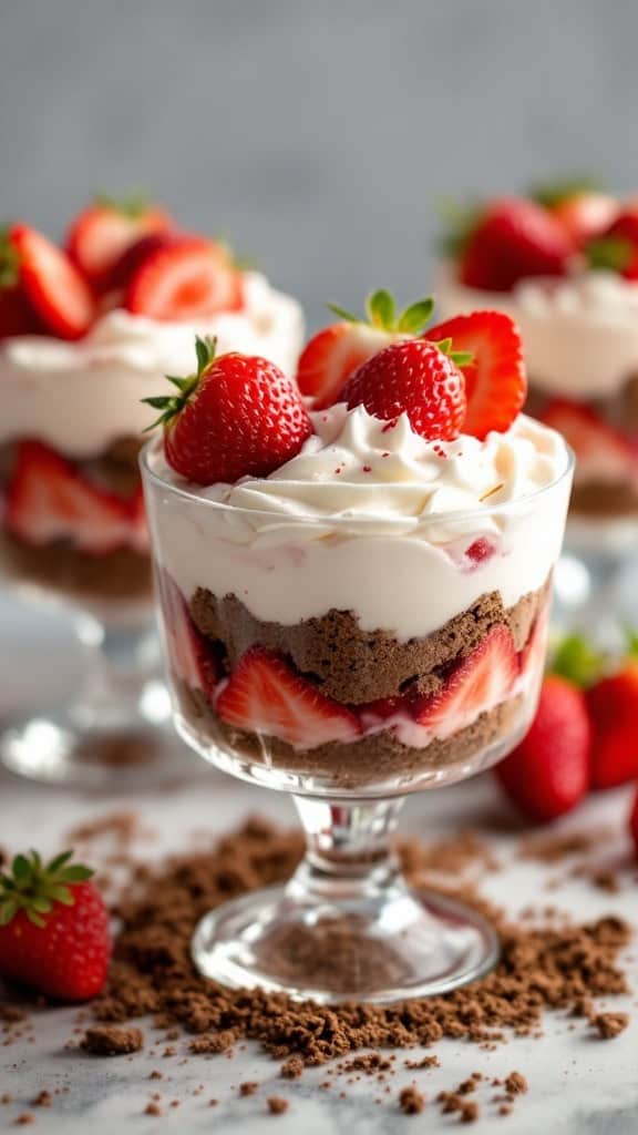 Strawberry shortcake dirt pudding in clear glass cups with whipped cream and strawberries on top.