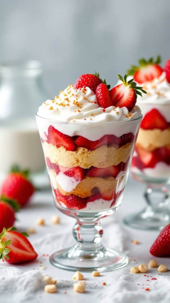 Strawberry shortcake parfaits in glass cups with layers of strawberries and whipped cream.
