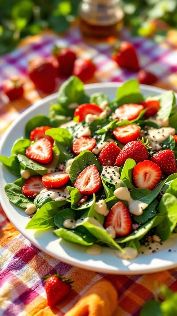 A vibrant strawberry spinach salad with poppy seed dressing, garnished with sliced strawberries and served on a colorful tablecloth.