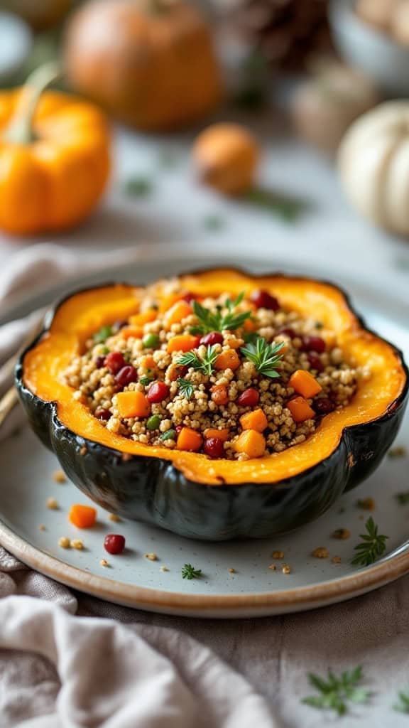 A delicious stuffed acorn squash filled with colorful grains and vegetables.