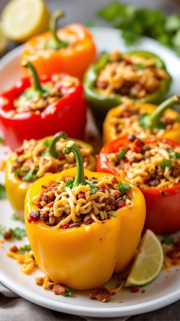 Stuffed bell peppers filled with taco ingredients and cheese on a plate.
