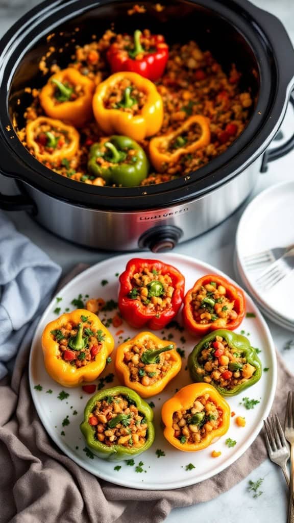 Colorful stuffed bell peppers in a crockpot and on a plate.