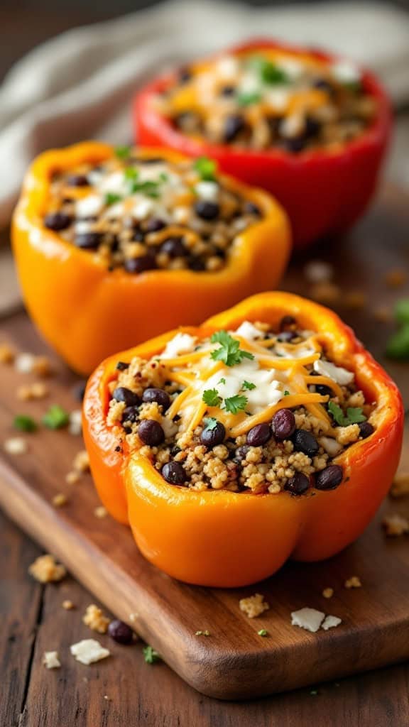 Colorful stuffed bell peppers filled with grains, beans, and cheese, presented on a wooden board.