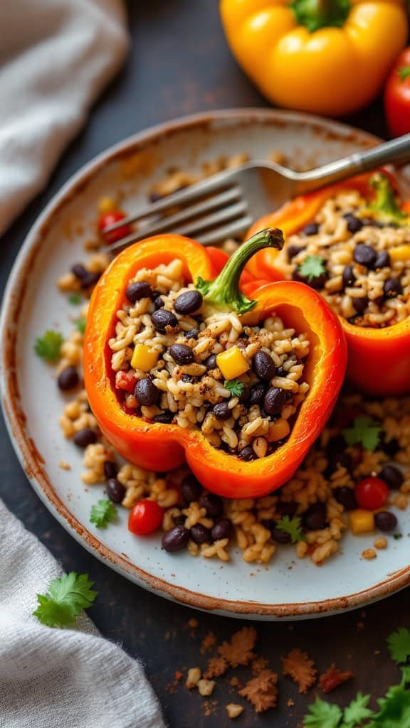 Two stuffed bell peppers filled with black beans, rice, and colorful vegetables on a plate.