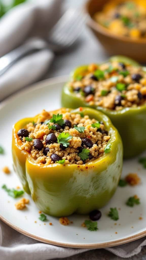 Stuffed green bell peppers filled with quinoa and black beans, garnished with cilantro.
