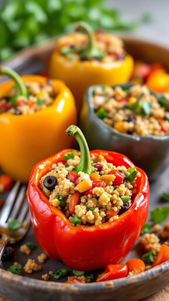 Colorful stuffed bell peppers filled with quinoa and vegetables.