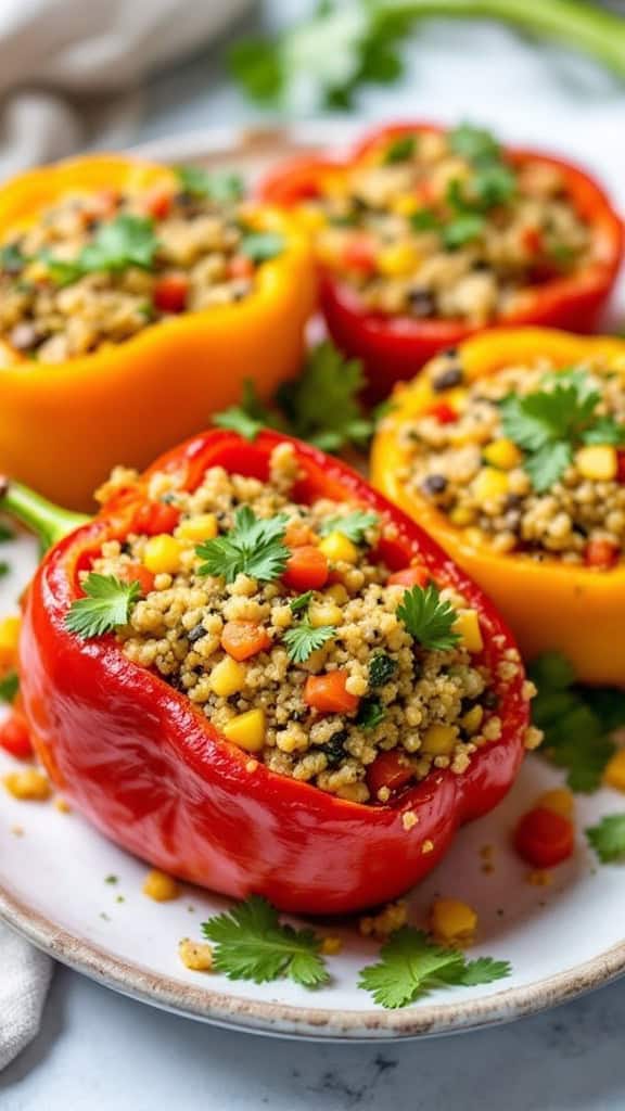 Colorful stuffed bell peppers filled with quinoa and vegetables on a plate.
