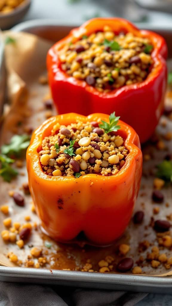 Stuffed bell peppers filled with quinoa and beans on a baking tray.