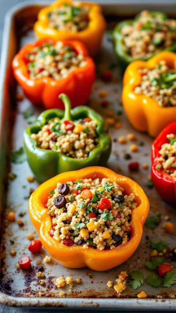 Colorful stuffed bell peppers filled with quinoa and vegetables on a baking tray.