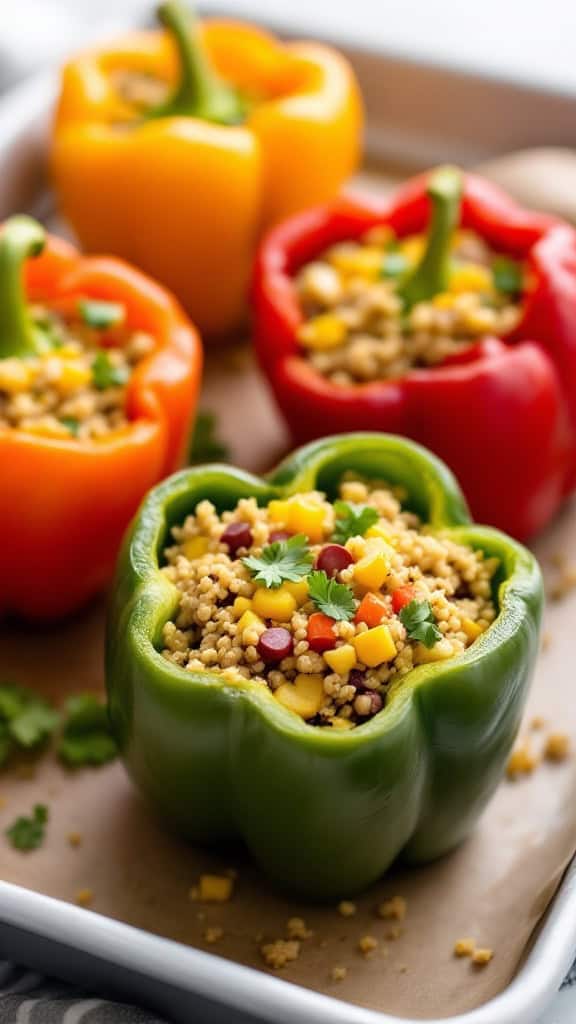 Colorful stuffed bell peppers filled with quinoa and turkey on a baking tray.