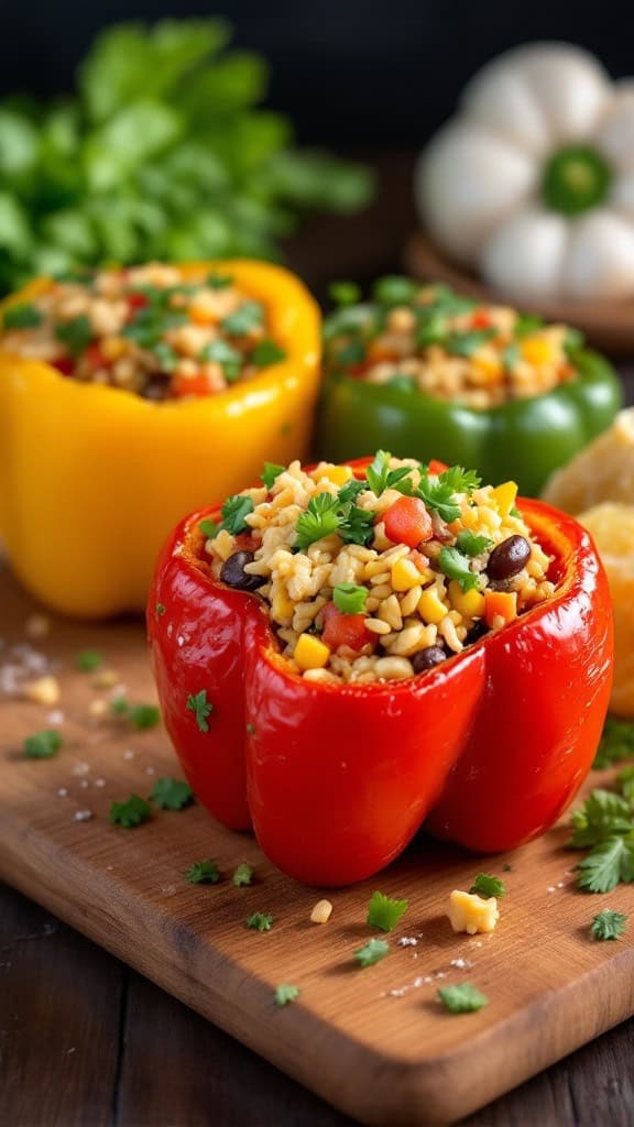 Stuffed bell peppers filled with rice and veggies on a wooden board