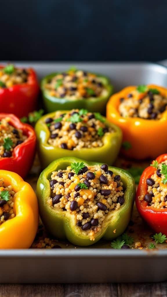 Colorful stuffed peppers filled with quinoa and black beans, garnished with cilantro, served in a baking pan.