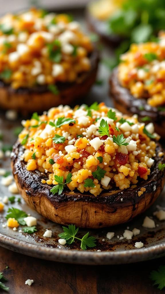 Stuffed portobello mushrooms filled with quinoa and topped with herbs.