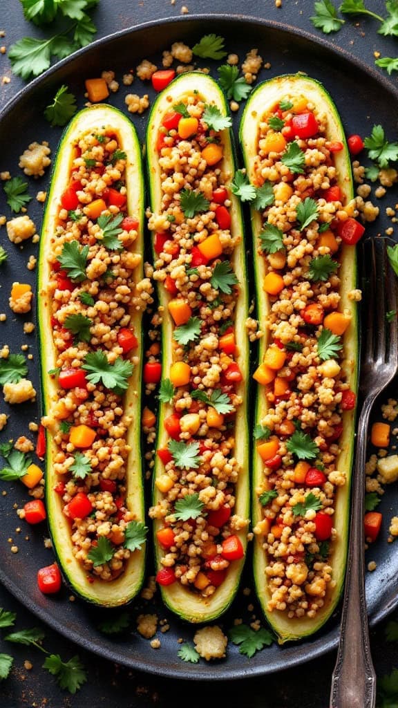 Stuffed zucchini boats filled with colorful vegetables and grains