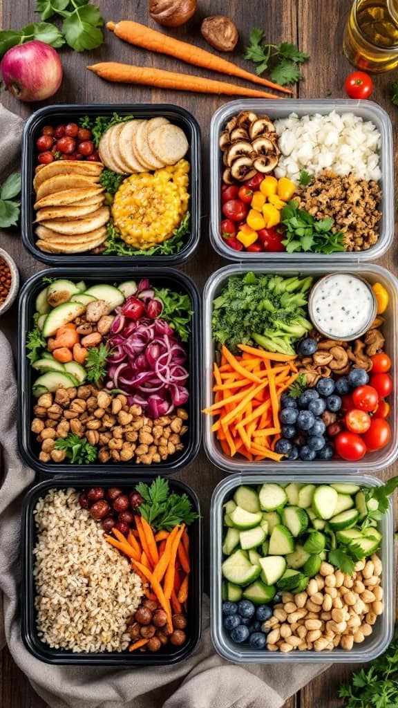 Colorful array of fresh vegetables and fruits arranged on a dark background, showcasing sustainable meal prep practices.